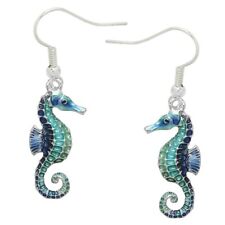 Seahorse Earrings Enamel Drop Dangle Sea Horse Beach Jewelry SILVER BLUE Chain