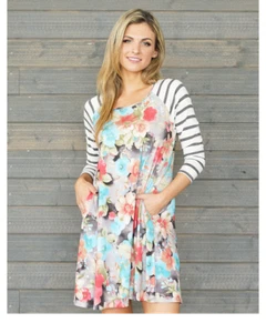 Vestido Floral Don't Worry Primavera con Mangas 3/4 Rayas con Bolsillos - Imagen 1 de 5