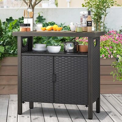 Outdoor Storage Cabinet Patio Wicker Bar Counter Table 2 Doors Backyard Patio - Image 1 of 4