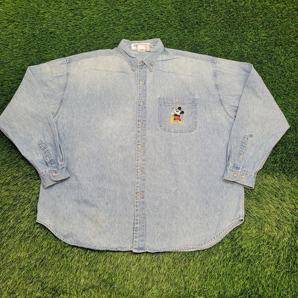 Camisa Vintage Años 90 Disney Mickey-Mouse Botón 2XL 29x32 Azul Foto 1 de 4
