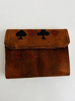 "Estuche de transporte para tarjetas y bloc de notas Texas Holdem de cuero hecho a mano original 7"" x 5""" Foto 1 de 4