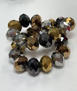 METALLIC CRYSTAL COPPER/GOLD/SILVER TONED MULTICOLOR BEADED STRETCH BRACELET XL - Picture 1 of 2