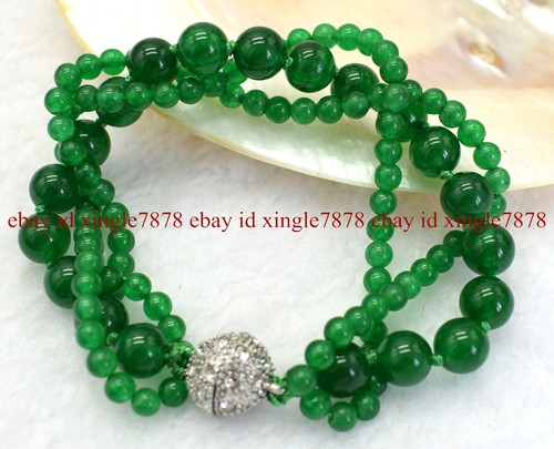 VALENTINO Bracciale 3 file 4mm+8mm tondo giada verde pietre preziose perline 7 5" chiusura magnetica