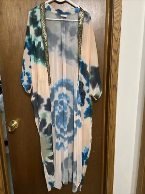 Suki So Goddess Kimono Tan Teal Tie Dye Gold Metallic Greek Key Accent One Size  - Image 1 of 4