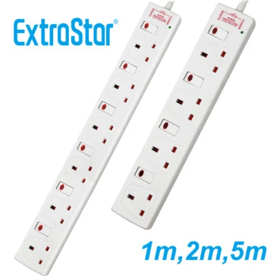 4/6 Way Gang 1m/2m/5M Cable Switched Surge Protect Extension Lead Plug Sockets - Image 1 of 4