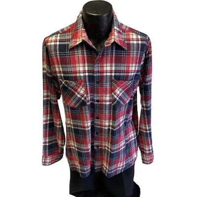 Vintage 80's Saucatuck Men's RED Blue Shadow PLAID Work FLANNEL Hunting Shirt L - Image 1 of 4