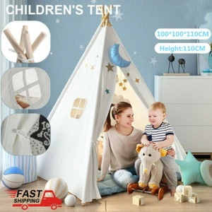 Indian Teepee Tent Kids Cotton Canvas Pretend Play House Boy Girls Wigwam Gift - Picture 1 of 12