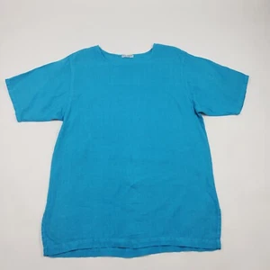 Russ Berens Linen Tunic Top Womens Size M Short Sleeve Round Neck Turquoise USA - Picture 1 of 12