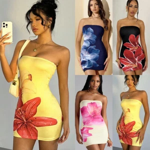 UK Womens Floral Boob Tube Party Mini Dress Summer Stretchy Beach Party Dresses - Picture 1 of 28