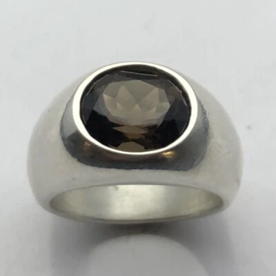 ANILLO HOMBRE PLATA ESTERLINA MJG. CUARZO AHUMADO 12 X 10mm. 23 gr. Talla 9 3/4 Foto 1 de 4