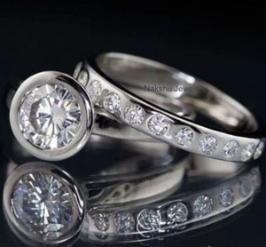 Conjunto de anillo de compromiso de plata de ley 925 con moissanita real de corte redondo de 2,00 quilates - Imagen 1 de 3
