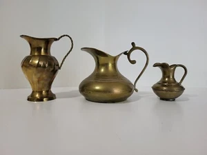 Lot Of 3 Vintage Small Brass Pitcher Ewer Jug - Picture 1 of 14