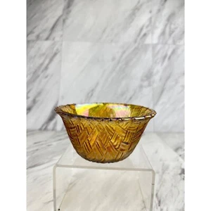 Indiana Glass Small Bowl  Basket Weave Carnival Glass 4.5" Amber Yellow - Picture 1 of 6
