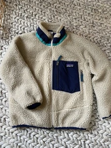 Patagonia Retro X Jacket Kids Large Natural Navy Turquoise Deep Pile Full Zip - Picture 1 of 4