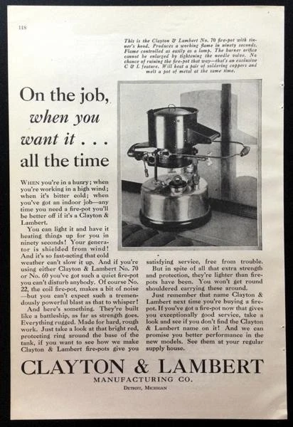 Clayton & Lambert 1928 No. Anuncio 70 Fire-Pot “En el trabajo, cuando lo quieras” Foto 1 de 1
