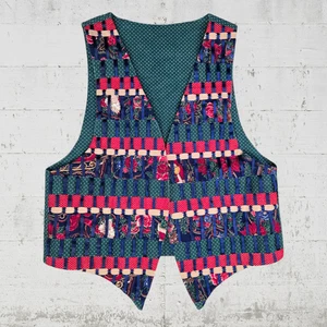 Vintage Handmade Red Green Christmas Ribbon Open Patchwork Vest Size Medium - Picture 1 of 7
