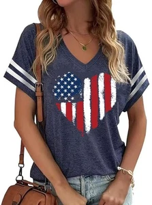 American Flag Shirts Women 4th of July V-Neck Short Sleeve Patriotic T-Shirt ... - Picture 1 of 1