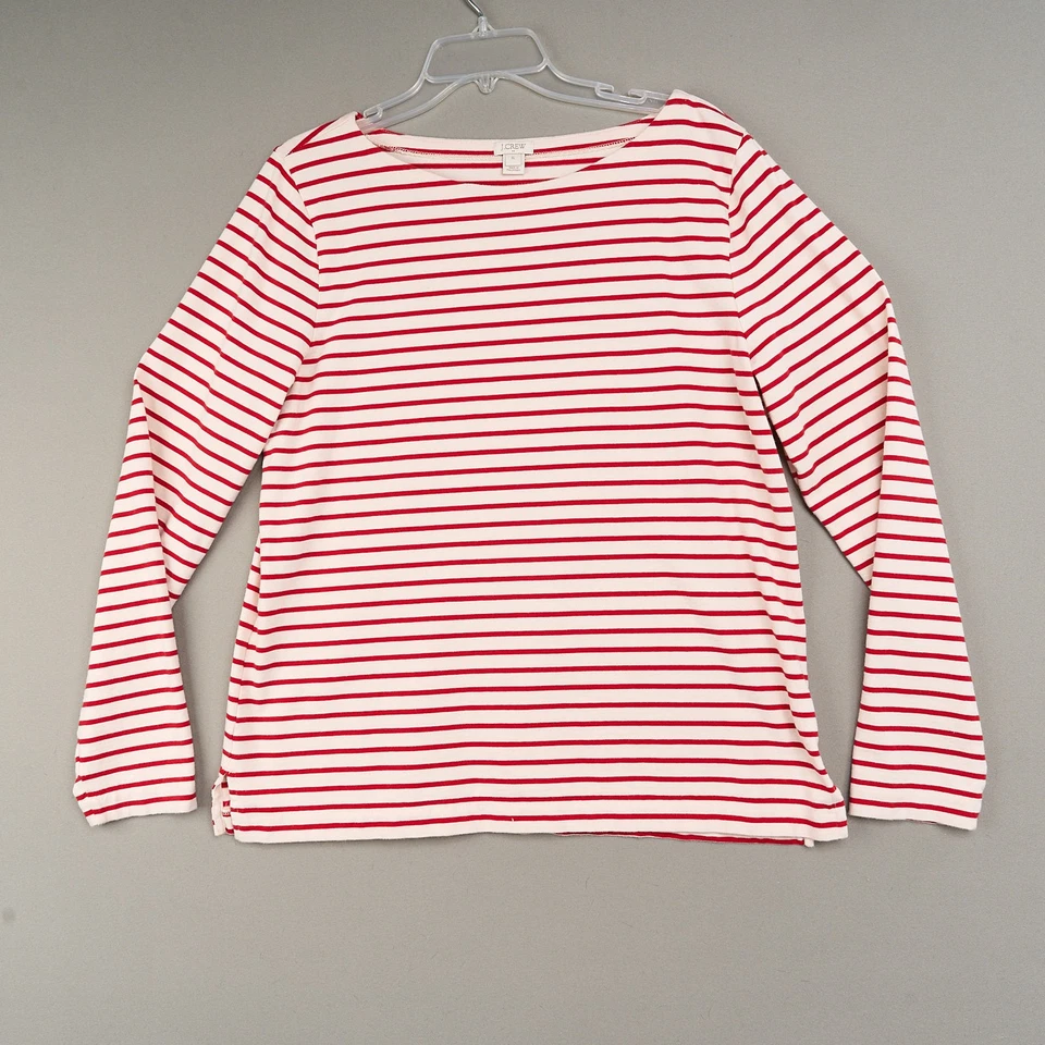 J. Camisa Crew feminina XL vermelha branca algodão listrado gola barco mangas compridas - Imagem 1 de 4