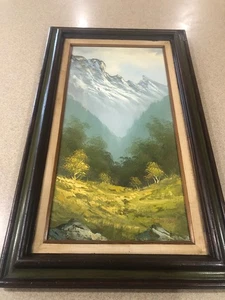 Pintura al óleo vintage sobre lienzo valle y montaña vertical 12" X 24" marco de madera - Imagen 1 de 4