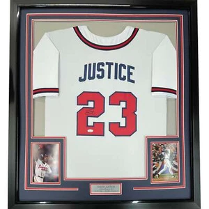 Framed Autographed/Signed David Justice 35x39 Atlanta White Jersey JSA COA - Picture 1 of 2