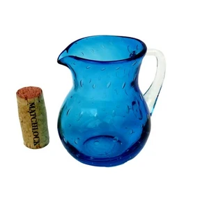 Vintage Miniature Pilgrim 4" T Pitcher Blue Controlled Bubble Hand Blown Glass - Picture 1 of 6