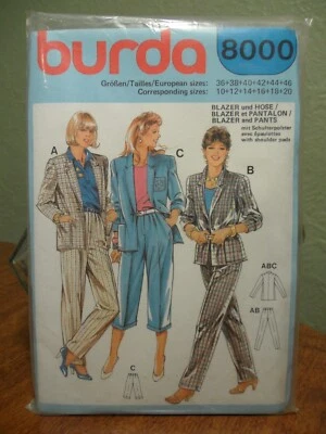 Vintage Burda 8000 Blazer & Pants Pattern Sz 10 to 20 New Sealed Package - Image 1 of 4