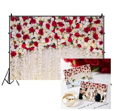 10x7ft Red White Rose Floral Theme Photography Backdrop Flowers Wall Wedding ... - Image 1 of 4