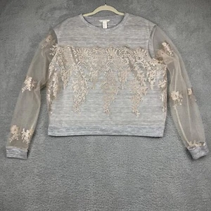 H&M Top Shirt Grey Beige Silver Metallic Mesh Sheer Lace Layered Romance XL - Picture 1 of 10
