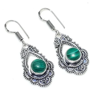 Malachite Gemstone Handmade 925 Sterling Silver Jewelry Earring 1.65" - Picture 1 of 1