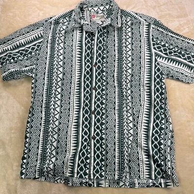 Винтажная гавайская рубашка Hilo Hattie мужская размер XL зеленая белая с геометрическим принтом Aloha - Изображение 1 из 4