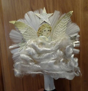 VINTAGE NATIONAL TINSEL SPUN GLASS ANGEL TREE TOPPER SCRAP PAPER FACE ANGEL HAIR - Picture 1 of 3