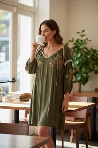 Umgee Damen besticktes Spitzenbesatz 3/4 Ärmel Bauern Boho Minikleid grün Small - Bild 1 von 8