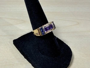 Estate 10K Yellow Gold Natural Purple Amethyst & Blue Sapphire Ring Size 5 - Picture 1 of 24