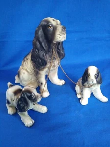 Vintage Lefton Cocker Spaniel Spaghetti Trimmed Dogs with Two Puppies on Leash - Picture 1 of 8