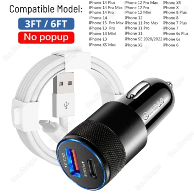 For For iPhone 14 13 12 11 X 8 7 6 Charging Cord 38W USB Type-C Fast Car Charger - Image 1 of 4