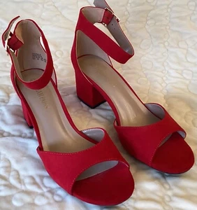 Dream Pairs Red Suede Chunkle Open Toe Buckled Heeled Shoes, Size 8.5 AAA4TBCE - Picture 1 of 9