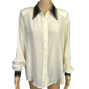 A.M. Studio Womens XL 100% Silk Faux Leather Collar Cuffs Button Up Blouse Shirt - Picture 1 of 12