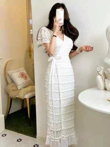 Abito donna estivo scollo a V manica corta coreano abiti lunghi donna - Foto 1 di 15