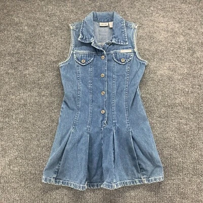 Cherokee Dress Womens Small 6 Blue Jean Denim Pleated Flower Button Sleeveless - Image 1 of 4