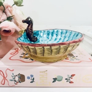 Vtg Majolica Seahorse Italian Ceramic Trinket Dish Bowl Seashell Made In Italy - Picture 1 of 7