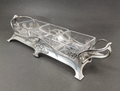 Jugendstil Schale Zinn versilbert mit 3 Glaseinsätzen WMF um 1900 - Bild 1 von 4