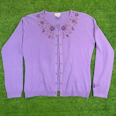 Vintage Y2K George Womens XL Purple Gems Floral Embroidery Open Front Cardigan  - Image 1 of 4