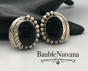Vintage Mexican Sterling Silver Black Onyx Beaded Feather Large Clip Earrings - Picture 1 of 4