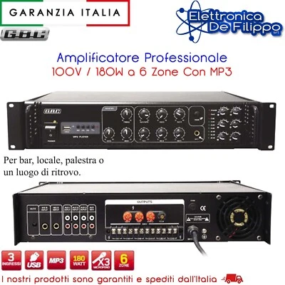 AMPLIFICATORE PROFESSIONALE 100V/180W A 6 ZONE MP3 PER FILODIFFUSIONE 61611240 - Immagine 1 di 2