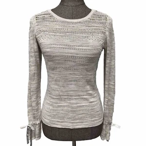 WHBM Grey Beige Sweater Size S Beaded Paillettes Thin Open Knit Long Sleeve - Picture 1 of 8