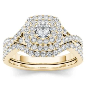 10k Yellow Gold Round Cut 0.9Ct Diamond Bridal Set Ring Size 8 Clarity I2 - Picture 1 of 6