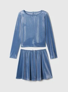 New Gap Kids Girl Blue Skirt Set Outfit Sz 6 7 Velvet Long Sleeve Round Neck - Picture 1 of 4