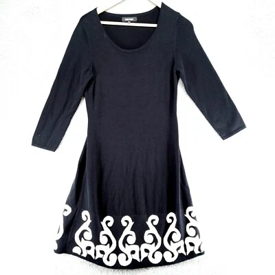 Nine West Black White S Damask Sheath Dress Long Sleeve Sweater Scoop Neck Knit - image 1 of 4