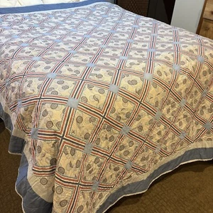 Stripes And Medallions Blue 80” X 86” Handmade Quilt  - Picture 1 of 7