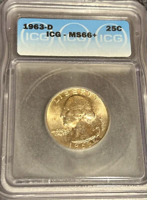 RARE 1963-D WASHINGTON SILVER 25 CENTS ICG MS66+ - Image 1 of 2